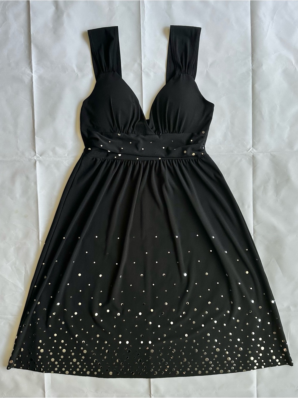 Janice black sleeveless padded polkadot dress, size small